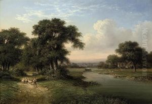A Shepherd Boy Driving Home His Sheep On A Riverbank