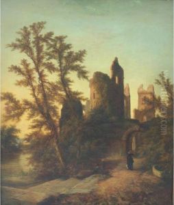 Figures By A River Near A Ruined Castle
