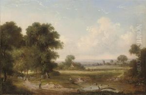 Figures By A Wooded Pool, A Shepherd And His Flock Beyond
