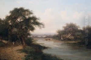 A Figure On A Path Beside A River, Cattle Watering In The Distance