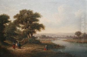 Travellers On A Riverside Path; Figures By A Pond