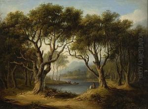 Wooded River Landscape With Figures In Rowing Boat