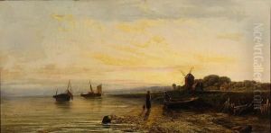 Coastal Scene With Windmill, And Figures And Rowing Boat On The Shore