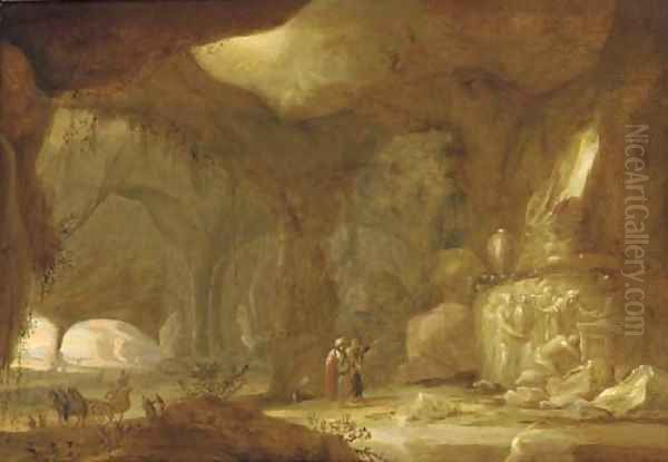 A natural grotto with figures approaching a shrine - view 1
