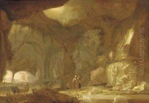 A natural grotto with figures approaching a shrine