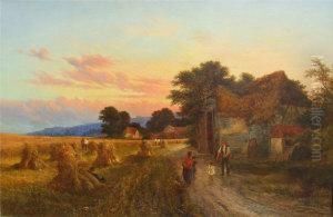 A Harvest Scene At Sunrise
