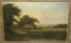 Summer Landscape With Figures On
 A Country Lane, A Cottage Amongst Trees Nearby Oil On Canvas, 46cm By 
66.5cm