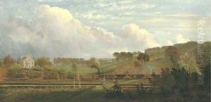 A kitchen garden traditionally identified as in Hampstead, a house and outbuildings beyond by William Tomkins