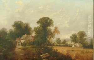 A Mother And Child At A Cottage Gate With Other Figures Harvesting In A Field Nearby