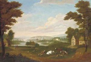 Cattle in a meadow in an extensive landscape by William Tomkins