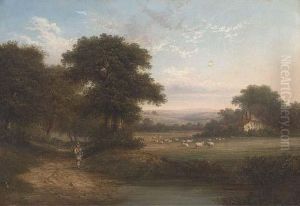 A Shepherd On A Wooded Track, A Cottage Beyond