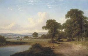 Children By A Pond In A Wooded Landscape With Cattle Beyond