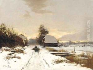 Winter a woodgatherer on a snow covered path at dusk by Hendrik Otto Van Thol