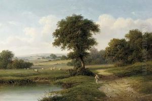 A Shepherd By A Pond In A Wooded Landscape