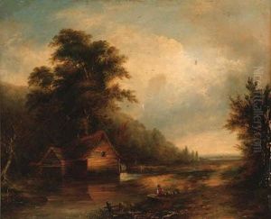 An Angler By A Watermill In A Wooded Landscape