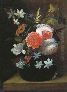 Roses, lilies, tulips and other flowers in a glass vase with a butterfly on a wooden ledge by Jan Philip van Thielen