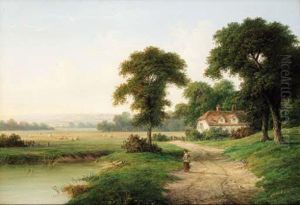 A Child Beside A Pond With A Cottage Beyond