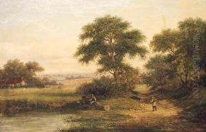 A Boy Fishing By A Pond With A Figure On A Wooded Path, A Cottagebeyond