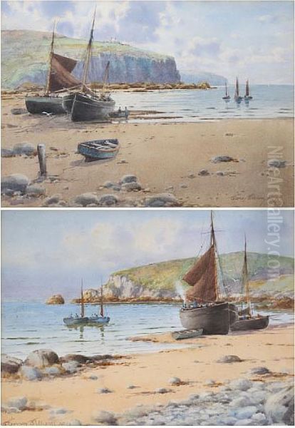 Shore Scene With Beached Fishing Boats, Andanother Similar - view 1