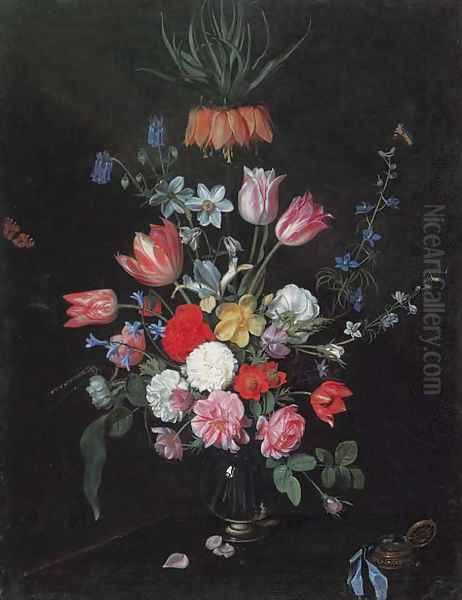Parrot tulips, roses, carnations, bluebells, irises and crown imperial in a glass vase - view 1