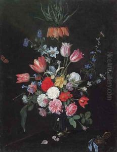 Parrot tulips, roses, carnations, bluebells, irises and crown imperial in a glass vase by Jan Philip van Thielen
