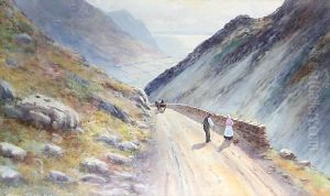 Sychnant Pass, With Travellers, Horse And Cart Before An Extensive Landscape by Warren Williams
