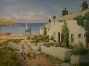 Cottages At Cemaes With Girl Feeding Chickens And Boats In The Distance