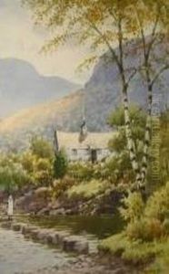 Conwy Valley Landscape With Lady On Stepping Stones And Cottage by Warren Williams