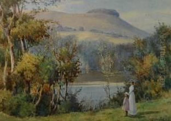 Rural Landscape With Mother And Child Standing By A River - view 1