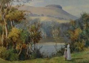 Rural Landscape With Mother And Child Standing By A River