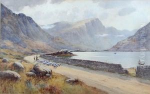 A Mountainous Lakeside Scene With Shepherd Andflock