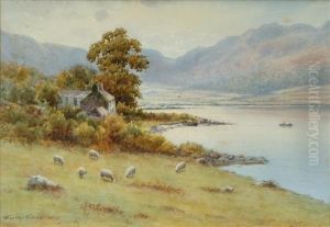 Extensivelandscape With Sheep Before A Loch by Warren Williams