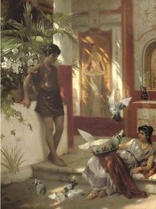 Feeding the doves in an Atrium by Albert Tschautsch