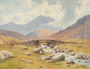 Welsh Moorland Landscape With Stream And Figure Stood On An Arched Bridge by Warren Williams