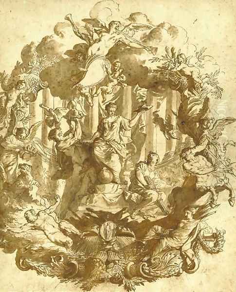 Study for a wall decoration a seated allegorical female figure holding a Cardinal's hat surrounded by Peace and figures trampling Heresy and War - view 1