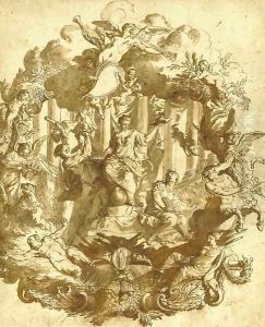 Study for a wall decoration a seated allegorical female figure holding a Cardinal's hat surrounded by Peace and figures trampling Heresy and War by Matthaus Terwesten