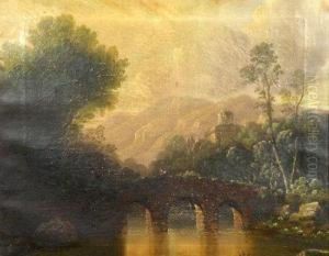 Figures On A Bridge In An Extensive Wooded Landscape by Richard Wilson