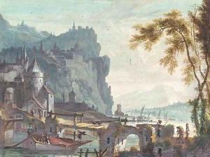 A river landscape with a town