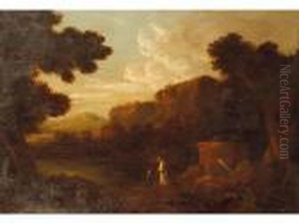 A Classical Lake Scene With Figures Beside Ruins - view 1