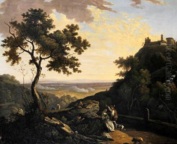 An Italianate Landscape With Two
Figures Conversing Beneath A Hillside, Classical Buildings On The
Hilltop, A View Across A Distant Plain Beyond - view 1