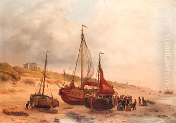 Numerous fisherfolk and a fishing fleet near Paviljoen von Wied, Scheveningen in the distance - view 1