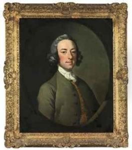 Portrait Of A Gentleman, Said To
 Be William Lock (1732-1810),bust-length, In A Grey Coat, A 
Gold-embroidered Blue Waistcoat Andwhite Stock, In A Sculpted Cartouche