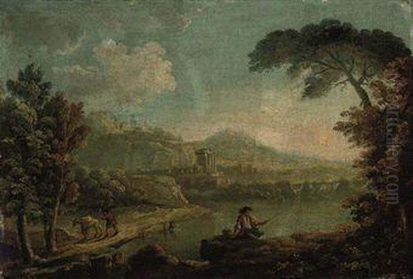 A Wooded River Landscape With An Angler And Classical Ruinsbeyond - view 1