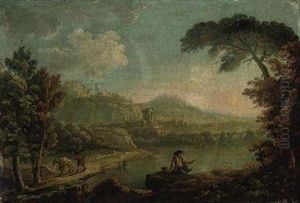 A Wooded River Landscape With An Angler And Classical Ruinsbeyond by Richard Wilson