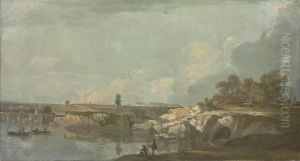 An Extensive River Landscape, With Fishermen In Theforeground by Richard Wilson