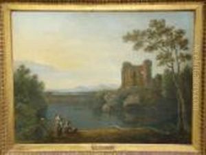 Italianate River Landscape With Figures Seatedon The Bank, Before A Castle by Richard Wilson