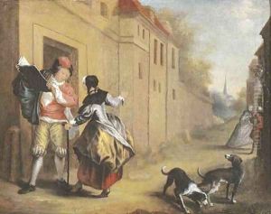 An elegant couple conversing in a town street by Cornelis Troost
