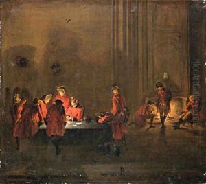 An interior with soldiers playing cards and resting by a fire by Cornelis Troost