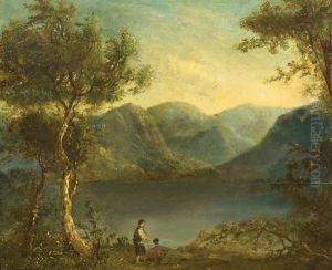 Figures Resting Under Trees By A Lake, With Mountians Beyond Figures Resting Under Trees By A Lake, With Mountians Beyond