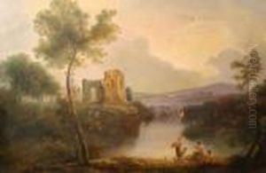 A Classical Landscape With Figures Gathered Around A Flautist, A Ruin Beyond by Richard Wilson